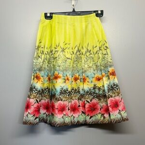 Bright Pleated Floral Summer Vacation Flowers A-Line Midi Skirt - Yellow & Pink
